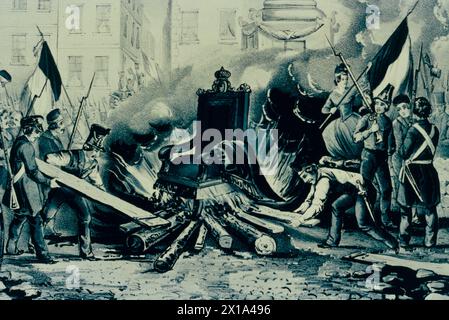 Le peuple de Paris brûle le trône dans le Palais des Tuileries lors de la révolution de 1848, France, illustration Banque D'Images