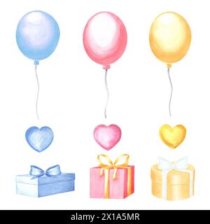 Ballons d'hélium cadeaux avec des arcs et des coeurs de bande dessinée. Jeu d'illustrations aquarelles. Collection de dessins festifs. Modèle de décoration de vacances. Isolé Banque D'Images