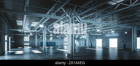 Vue panoramique d'un entrepôt industriel vide avec lumières et structure métallique. rendu 3d. Banque D'Images