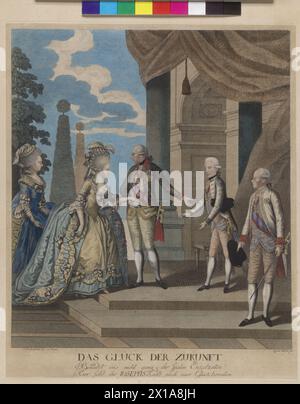 La fortune de l'avenir - mariage de l'empereur François II (I) avec Elisabeth Wilhelmine de Wuertemberg, empereur Joseph II dirigeant l'archiduc François Joseph Karl, le futur empereur François II (I) sa première épouse Elisabeth Wilhemine de Wuertemberg à. Tout à droite, le grand-duc Léopold de Toscane, le futur empereur Léopold II, le père du marié. Entière à gauche, la mère de la mariée, Friederike Dorothea Sophia de Brandebourg-Schwedt. Gravure / gravure sur cuivre colorée par Quirinus Marck d'après le dessin de Jerome Loeschenkohl, - 17880101 PD0021 - Rechteinfo : Rights Managed ( Banque D'Images