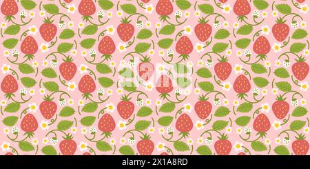 Conception d'un motif de fraise sans couture avec des baies adorables, des fleurs, des feuilles vertes. Conception de surface répétée applicable aux vêtements, textiles, wrapp Illustration de Vecteur