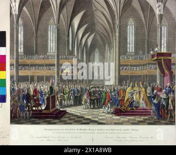 Couronnement impérial 1792, couronnement François II à l'empereur romain germanique dans le frankfurter Minster le 14.7,1792. Lithographie de Franz Wolf basée sur un modèle de Johann Nepomuk Hoechle, de la série 'Hauptmomente aus dem Leben Sr. Majestaet Franz I. ', 1835 - 18350101 PD0107 - Rechteinfo : droits gérés (RM) Banque D'Images