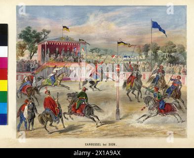 Carrousel sur Corfou en l'honneur de l'impératrice Elisabeth, montrant un carrousel, un 'Ringelstechen' ou ringride. Plusieurs équestres en costume grec respectivement oriental essayer d'unir petit anneau dans le galop avec une lance à cueillir. En tant que membre du public dans une boîte avec drapeaux et armoiries ornées : impératrice Elisabeth (dans la robe blanche), probablement archiduc Maximilien (derrière sa position debout), adjudant général Karl Ludwig comte Gruenne (au centre) et plus de détails retinue. L'arène d'équitation est décorée aux couleurs bavaroises et autrichiennes (drapeaux, armoiries). Umpteen Grecs en costume national comme audien Banque D'Images