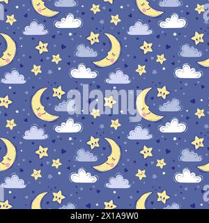 Motif sans couture dessiné à la main de vecteur. Fond mignon avec lune souriante endormie, étoiles, nuages. Ciel nocturne, imprimé bébé dans des couleurs bleu clair Illustration de Vecteur