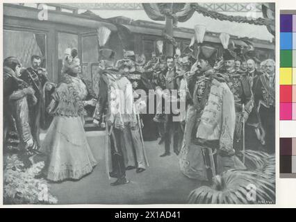 Accueil du couple royal roumain à la gare de Budapest, arrivée de l'invité à la gare est de Budapest, 28.9.1897 photogravure d'après la peinture d'Artur Lajos Halmi. (Original compare PK 352, 201), chiffre précis disponible dans la mallette : 'Kaiserbilder', institut littéraire cosmos, Vienne-Leipzig-Budapest (mallette avec 28 héliogravures basées sur des peintures), - 18980101 PD2824 - Rechteinfo : droits gérés (RM) Banque D'Images