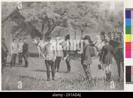 Empereur François-Joseph Ier et empereur Guillaume II sur la Rendezvousplatz (place du rendez-vous) à Totis, manœuvre à Totis (Tata, Hongrie) 12.9,1891, empereur François-Joseph dans l'uniforme d'un maréchal en ajustement hongrois, uniforme, empereur Guillaume également en uniforme autrichien. en outre, le coach personnel Joseph Walter et la cavalerie des gardes-nageurs Adolf Lechartier ont représenté une photogravure basée sur la peinture du baron Flelcien von Myrbach, signée 'MCH', de la mallette : 'Kaiserbilder', institut littéraire cosmos, Vienne-Leipzig-Budapest (mallette avec 28 héliogravures basées sur la peinture Banque D'Images