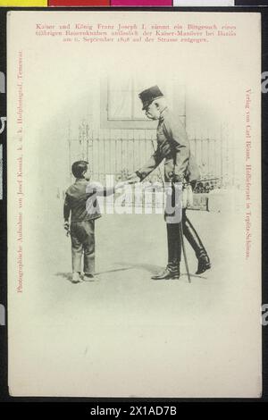 Empereur Franz Joseph prenant une pétition perpendiculairement, un garçon paysan de six ans présente l'empereur dans l'ocpassion des exercices à Buzias une pétition., 06.09.1898 - 18980906 PD0001 - Rechteinfo : droits gérés (RM) Banque D'Images