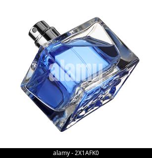 Parfum homme bleu en bouteille isolé sur blanc Banque D'Images