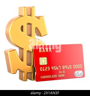 Carte bancaire de crédit avec symbole dollar, rendu 3D isolé sur fond blanc Banque D'Images