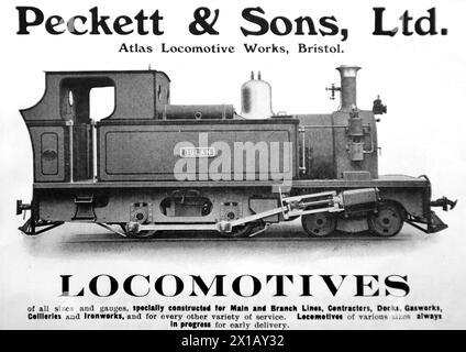 Publicité pour Peckett and sons Limited de Atlas locomotive Works, Bristol. LOCOS pour les lignes principales, les embranchements, les entrepreneurs, les quais, les usines à gaz, mines et aciéries. Le Loco illustré est nommé Bulan. D’après une publication originale datée du 15 mai 1924, cela contribue à donner un aperçu des transports publics, et des chemins de fer en particulier, des années 1920 Banque D'Images