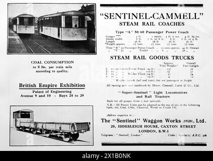 Publicité pour les voitures de train à vapeur Sentinel-Cammell et les camions de marchandises. La Sentinel Waggon Works (1920) Ltd, était basée à Caxton Street, Londres et pouvait être vue dans le palais de l'ingénierie à l'exposition de l'Empire britannique. D’après une publication originale datée du 15 mai 1924, cela contribue à donner un aperçu des transports publics, et des chemins de fer en particulier, des années 1920 Banque D'Images