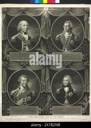 Héros de la marine britannique, tableau avec des images de quatre Britanniques Admiraelen. mezzotint de Valentin vert d'après les peintures de Gainsborough Dupont (Howe), Francis Cote (Jervis), Richard Morton paye (Duncan) et Lemuel Francis Abbott (Nelson), 1799 - 17990101 PD0048 - Rechteinfo : Rights Managed (RM) Banque D'Images