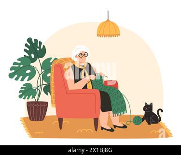 Femme senior assise dans un fauteuil et tricote une écharpe dans une pièce confortable dans un style plat Illustration de Vecteur