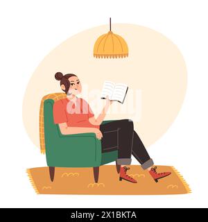Jeune femme assise sur un fauteuil et lisant un livre à la maison Illustration de Vecteur