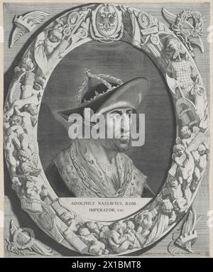Adolphe de Nassau, roi du Saint Romain germanique, demi-longueur, profil de trois quarts à partir de la droite, avec chapeau à visière couronné, sur le côté opposé avec Agraffe, barbe au menton, sur l'épaule hermine de The Rocks Two châtlace, dans le segment de soutien de la légende latine Bildnisovals, L'encadrement ovale rempli d'inun autre génies gobles et trophys de guerre antiques, dans le mini-sommet ovale de l'aigle impérial à double tête avec les armoiries de Nassau, la couronne symbolique dans le quatre coins de pied. Gravure de Pieter van Sompel basée sur le brouillon de Pieter Soutman. Juste en bas signifiait, 27.05.2011, - 20110527 P. Banque D'Images