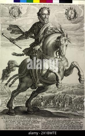 Moritz, prince d'Orange, comte de Nassau, en tant que général victorieux de la bataille de Nieuwpoort (2 juillet 1600) sur colline au premier plan équitation : pleine longueur, semi à partir de la droite, tête nue, avec moustache, encore moyen barbe mentonnière, volants en dentelle, en harnais, autour de l'épaule gauche inclinable figure ceinture dans la colonne vertébrale du livre soufflant, les mains simplement, la matraque dans la droite sur le côté stationnaire, la rêne dans la droite de l'intrusion gauche, le cheval, avec une protection de front barbelée, avec des avant-jambes de mise à niveau à l'appel de bondissement pour, en arrière-plan, le défilé des troupes néerlandaises et son combat avec le Banque D'Images