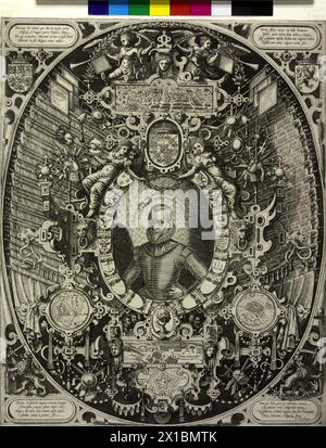 Maurice, prince d'Orange, comte de Nassau, demi-longueur, demi-gauche, tête nue, avec moustache et bouc, moustache, volants, bevor, doublet à rayures croisées, gauche à la hanche, au-dessus de la transcription latine générale à double espacement, l'encadrement intérieur ovale contenant une couronne unie avec les armoiries, le nom, les données de ses lieux conquérants, concentriques au-dessus de ses armoiries inversées en cartouche ovale, des deux côtés en haut deux sur l'encadrement figure allongée allégories féminines, à propos de sa couronne de laurier unite générale remain, la construction de cadre ovale englobass à partir de rouleaux de cartouche avec le drapeau riche Banque D'Images