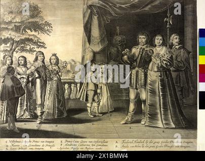 Frederick Henry, prince d'Orange, comte von Nassau, en famille : dix individus (trois adultes, sept adolescents respectivement enfants) debout en trois groupes sur terrasse libre, dans l'ordre de la personne clé : A. Frederick Henry: semi-gauche, tête nue, avec moustache et barbe mousquetaire, en costume armure, au-dessus des bottes de genou, collier en dentelle lobée autour des épaules, médaillon de poitrine, bandage sur le haut du bras droit, matraque sur le côté droit derrière les hanches droites, B. Amalie von Solms-Braunfels: en face, penchant quelque chose vers la gauche, avec collier de perles dans les cheveux et autour du cou, petit ventilateur de plume i. Banque D'Images