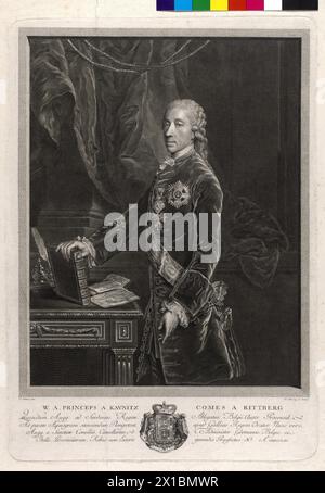 Kaunitz-Rietberg, Wenzel Anton prince von, photo (demi-figurine, profil de trois quarts à partir de la gauche, avec non-tissé et équipé Ordre de Saint-Étienne), avec armoiries. Gravure sur cuivre de Jakob Schmutzer d'après une peinture de Johann Nepomuk Steiner, 1765, - 17650101 PD0015 - Rechteinfo : droits gérés (RM) Banque D'Images