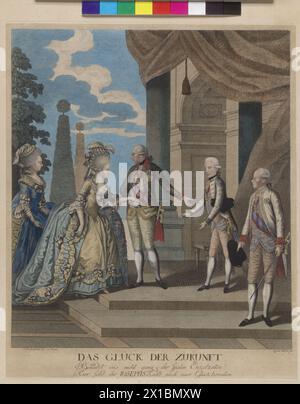 La fortune de l'avenir - mariage de l'empereur François II (I) avec Elisabeth Wilhelmine de Wuertemberg, empereur Joseph II dirigeant l'archiduc François Joseph Karl, le futur empereur François II (I) sa première épouse Elisabeth Wilhemine de Wuertemberg à. Tout à droite, le grand-duc Léopold de Toscane, le futur empereur Léopold II, le père du marié. Entière à gauche, la mère de la mariée, Friederike Dorothea Sophia de Brandebourg-Schwedt. Gravure / gravure sur cuivre colorée par Quirinus Marck d'après le dessin de Jerome Loeschenkohl, - 17880101 PD0021 - Rechteinfo : Rights Managed ( Banque D'Images