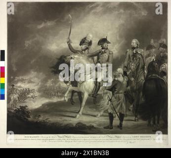 George III, roi d'Angleterre, image équestre de George III, roi d'Angleterre lors d'une visite de troupes, avec ses fils George, prince de Galles (succédant au roi George IV) et Frederick August, duc d'York et d'Albany, et les généraux Sir William Fawcett, Sir David Dundas et Philip Goldsworthy. mezzotint / gravure de James devenir basé sur une peinture de Sir William Beechey, - 17990101 PD0043 - Rechteinfo : droits gérés (RM) Banque D'Images