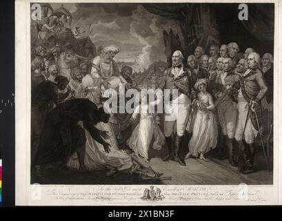 Les fils du sultan Tipu genèse Lord Cornwallis comme otage présent, une délégation d'Indiens avec des éléphants et des chevaux livrant deux fils du sultan Tipu à l'Anglais. Sur la droite Maquris Cornwallis avec les deux prince indiens, le HE aux mains garder, divers officiers britanniques derrière. Vue de Seringapatam. (Avec code de figure comparer PK 511, 54a), gravure / gravure sur cuivre par Daniel Orme basée sur la peinture de Math Brown. Relâchez von Daniel et Edward Orme. Avec inscription au roi George III d'Angleterre et ses armoiries, - 17990101 PD0039 - Rechteinfo : Rights Managed (RM) Banque D'Images