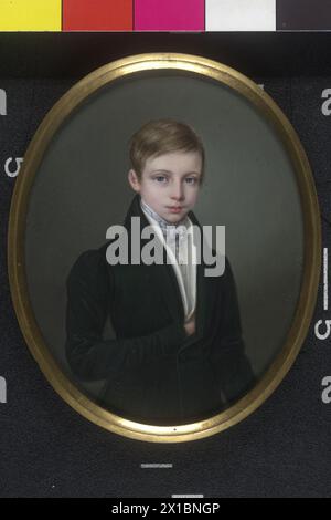 Empereur François-Joseph Ier enfant de douze ans, photo de l'empereur postérieur comme archiduc à son 12e anniversaire. Portrait en demi-longueur dans la veste noire sur gilet clair, collier bleu et blanc, boutons or miniature (aquarelle, Gummiarabicum sur ivoire) von Robert the, en Bronzerahmen glacé au revers SUPERSinscrire : 'Erzherzog Franz Josef. 1842 18. Août. Robert Theer', - 18420101 PD0928 - Rechteinfo : droits gérés (RM) Banque D'Images