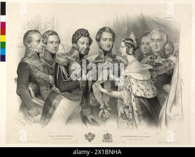 La reine Victoria de Grande-Bretagne présente le roi Louis Philippe de France l'ordre de la Jarretière, photo de groupe au Palais de Windsor, lithographie de Nicolas Eustache Maurin. Armoiries, - 18440101 PD0780 - Rechteinfo : droits gérés (RM) Banque D'Images