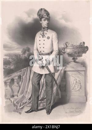 Franz Joseph Ier, empereur d'Autriche, photo : pleine longueur sur terrasse ouverte à l'escalier en bas devant la balustrade drapée debout, la moitié de la droite, corps quelque chose de la gauche, en uniforme avec bicorne à plumes, ordre de la molleton et ordre militaire du MTO, ambidextre le sabre soutenu, à gauche une boîte de pot décorée de serpent sur le sous-sol avec motif texturé Hercules. lithographie. Sur la droite en bas dans la pierre qualifier : 'Nach der Natur gezeichnet von Eduard Kaiser 1849', Chinapapier. Sous cette légende allemande, - 18490101 PD0050 - Rechteinfo : droits gérés (RM) Banque D'Images