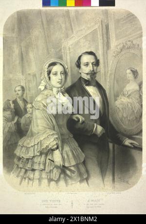 Exposition universelle à Paris, 1855, Reine Victoria d'Angleterre et empereur Napoléon III de France, venez voir sur 20.8.1855 l'exposition d'art au Palais des Beaux-Arts À gauche, son mari Albert, prince de Saxe-Cobourg-Gotha avec les deux enfants princesse Victoria et Albert Edward, prince de Galles (succédant à Edouard VII, roi d'Angleterre), à droite au mur d'un tableau von Eugénie, impératrice de France (tableau de Franz Xavier Winterhalter), lithographie d'Emile Lassalle d'après une peinture de Dominique Hippolyte Holfeld, - 18550101 PD1467 - Rechteinfo : droits gérés (RM) Banque D'Images