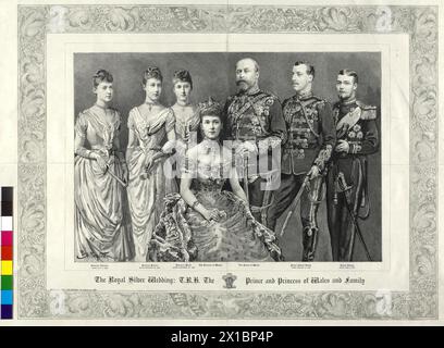 Famille royale britannique 1888, le futur roi d'Angleterre, Edouard VII, avec sa famille. gravure sur bois (basée sur un dessin ?) Par Percy Macquoid, dans l'ocpassion du mariage d'argent. Film to 'The Graphic', 10.3,1888, - 18880310 PD0001 - Rechteinfo : droits gérés (DG) Banque D'Images