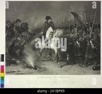 Napoléon Ier Bonaparte, Empereur des Français, scène de la bataille d'Arcis-sur-aube (20/21.3,1814) : Napoléon Ier Bonaparte, Empereur des Français, à cheval devant les vieilles gardes. a côté de lui un obus qui explose, qui ne fait pas de mal. Aquatinte / technique mixte de Jean Pierre Marie Jazet d'après un tableau de François Emile de Lansac, - 19300101 PD20231 - Rechteinfo : droits gérés (RM) Banque D'Images