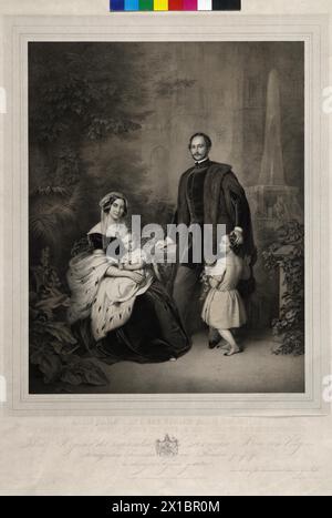 Koenig Maximilien II et la reine Marie de Bavière avec le prince royal Louis et Otto dans le jardin du château à Hohenschwangau, dessin ad vivum basé sur son propre projet d'Erich Correns, représenté dans une lithographie de Johann Woelfle. armoiries. Chine, - 19300101 PD23426 - Rechteinfo : droits gérés (RM) Banque D'Images