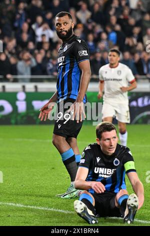 Igor Thiago (99) du Club Brugge semble déçu et déçu après avoir manqué un penalty lors du quart de finale de l'UEFA Conference League - match de première manche dans la saison 2023-2024 entre le Club Brugge KV et PAOK Saloniki le 11 avril 2024 à Bruges, Belgique. (Photo de David Catry / Isosport) Banque D'Images