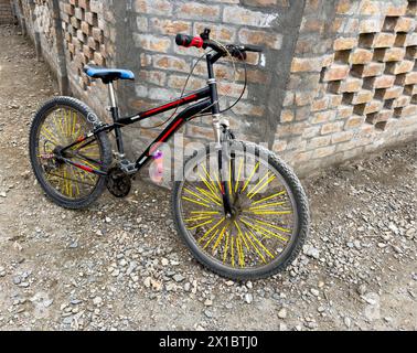 Cycle de pédales à deux roues garé à un mur de briques en gros plan. Banque D'Images