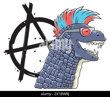 Dinosaure de dessin animé dans le style punk rock pour la conception de vêtements pour enfants. Illustration vectorielle du symbole Dino et punk anarchie Illustration de Vecteur