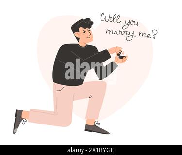 Un homme descend sur un genou et des propositions de mariage Illustration de Vecteur