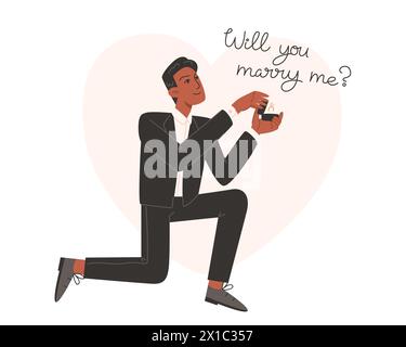 Un homme descend sur un genou et des propositions de mariage Illustration de Vecteur