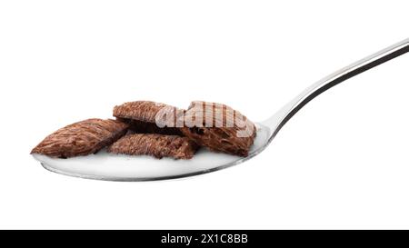 Coussinets de céréales au chocolat et lait en cuillère isolé sur blanc Banque D'Images