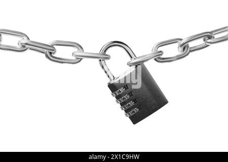 Cadenas à combinaison en acier et chaîne isolé sur blanc Banque D'Images