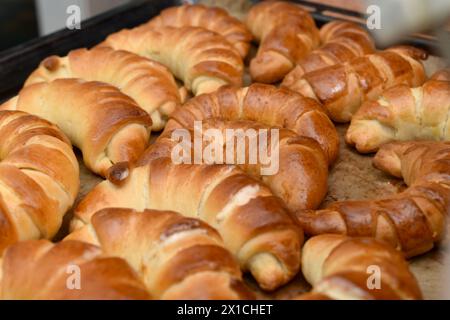 Des bagels fraîchement cuits farcis de farine de blé reposent sur une plaque à pâtisserie. Banque D'Images