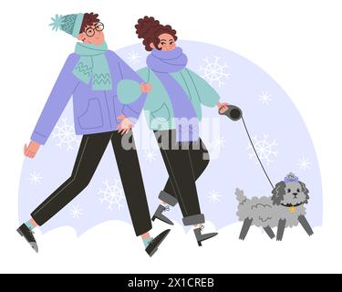 Jeune couple marchant avec un petit chien en hiver Illustration de Vecteur