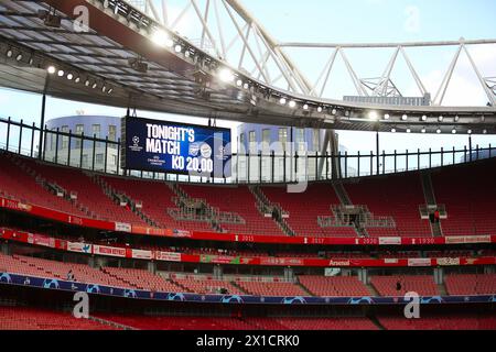 Coup d'envoi du match à 20h00 ce soir - Arsenal v FC Bayern Munich, UEFA Champions League Quarter final First Leg, Emirates Stadium, Londres, Royaume-Uni - 9 avril 2024 Banque D'Images