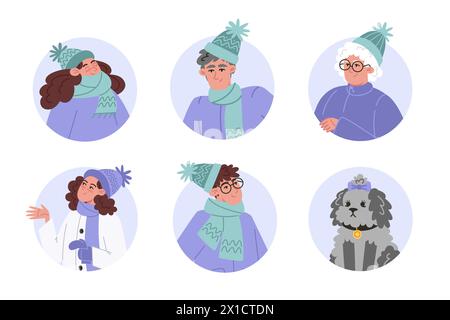 Ensemble de portraits de personnes en vêtements d'hiver et chien, avatar dans le style plat Illustration de Vecteur