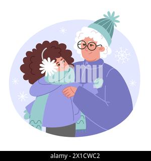 Portrait de famille d'hiver grand-mère et petite-fille dans un style plat Illustration de Vecteur