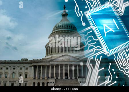 Réglementation sur l'intelligence artificielle - croissance de l'IA - politique générative d'IA. Capitole des États-Unis avec graphique de puce d'ordinateur superposé dans le coin. Banque D'Images