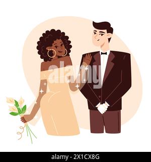 Mariée avec un bouquet de fleurs et marié au mariage, illustration de style plat Illustration de Vecteur
