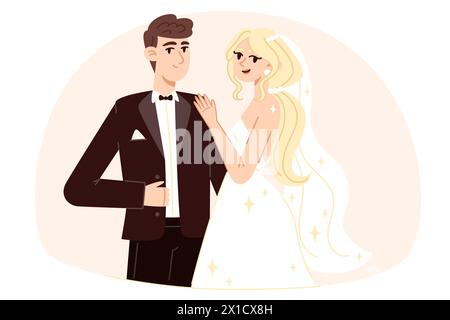 Mariée avec un bouquet de fleurs et marié au mariage, illustration de style plat Illustration de Vecteur