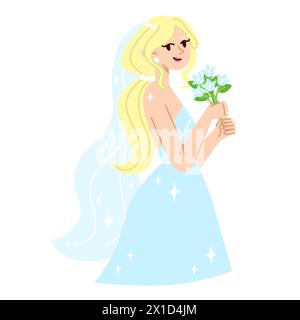 Blonde belle mariée en robe de mariée à la mode avec un bouquet de fleurs dans un style plat Illustration de Vecteur