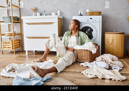 Une femme afro-américaine avec des tresses afro assise sur le sol devant une machine à laver, faisant la lessive dans la salle de bain. Banque D'Images
